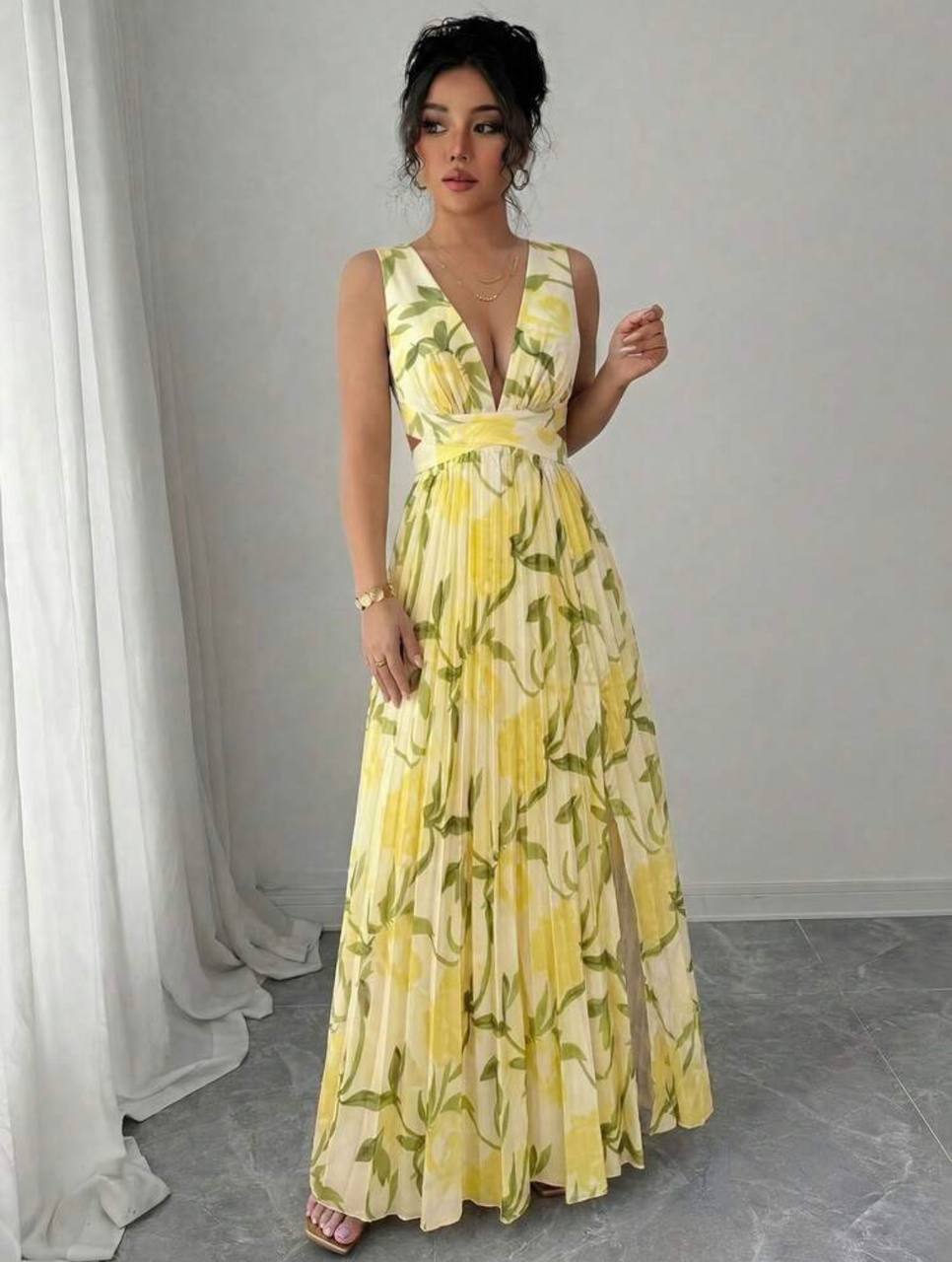 Vestido Plisado Floral Amarillo