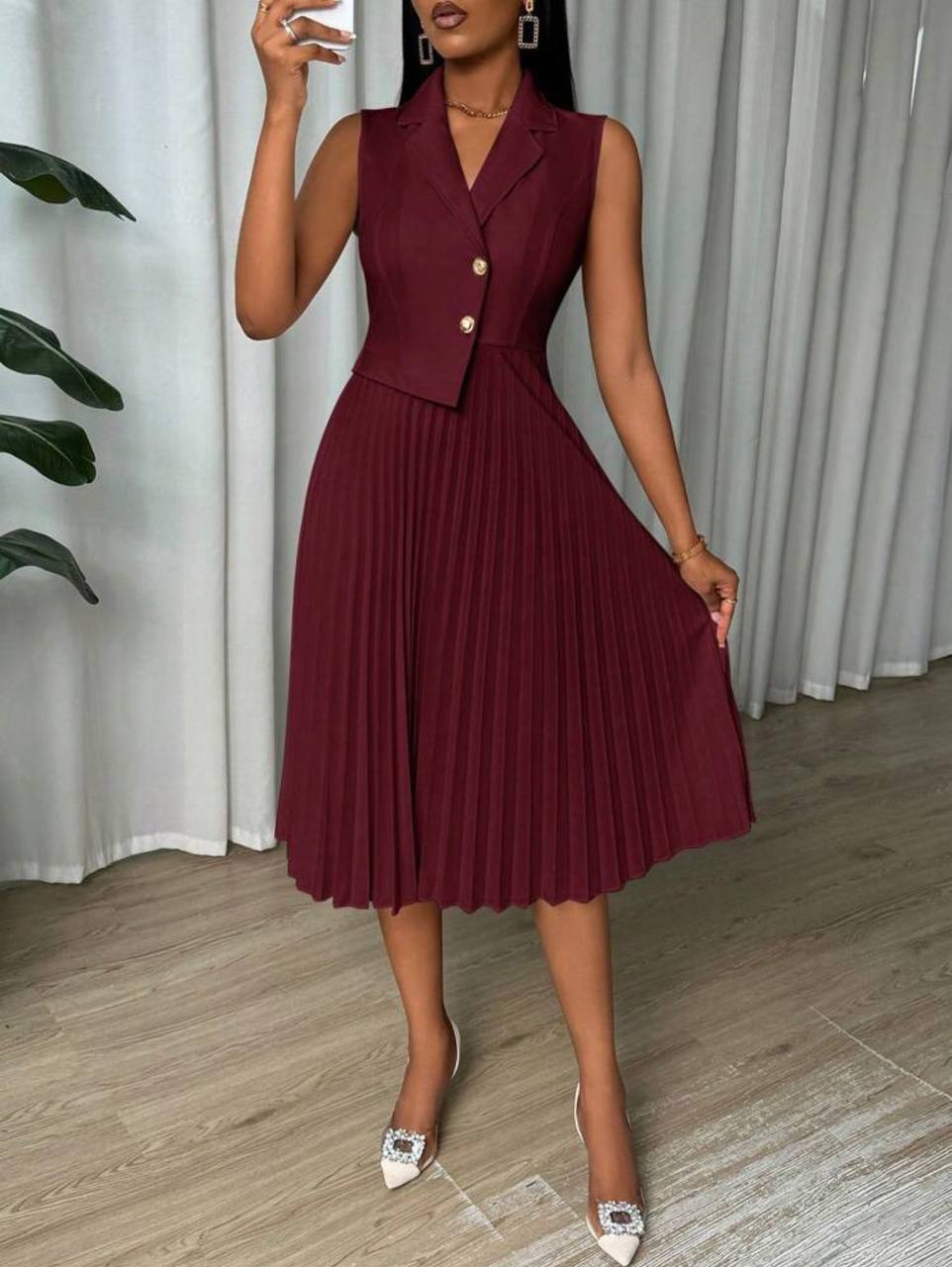 Vestido Plisado Burdeos