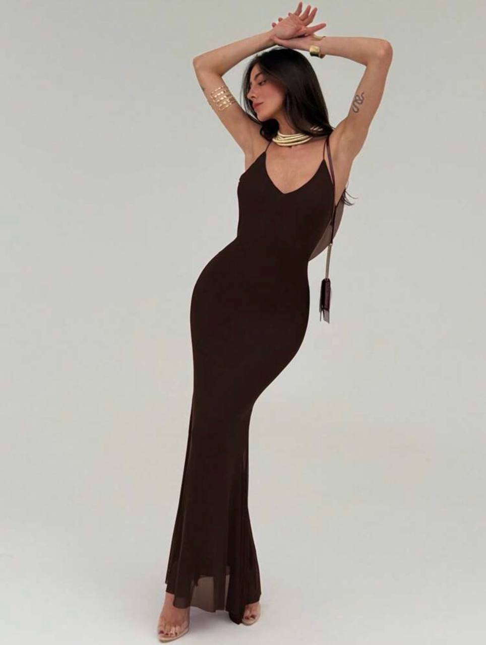 Vestido drapeado café